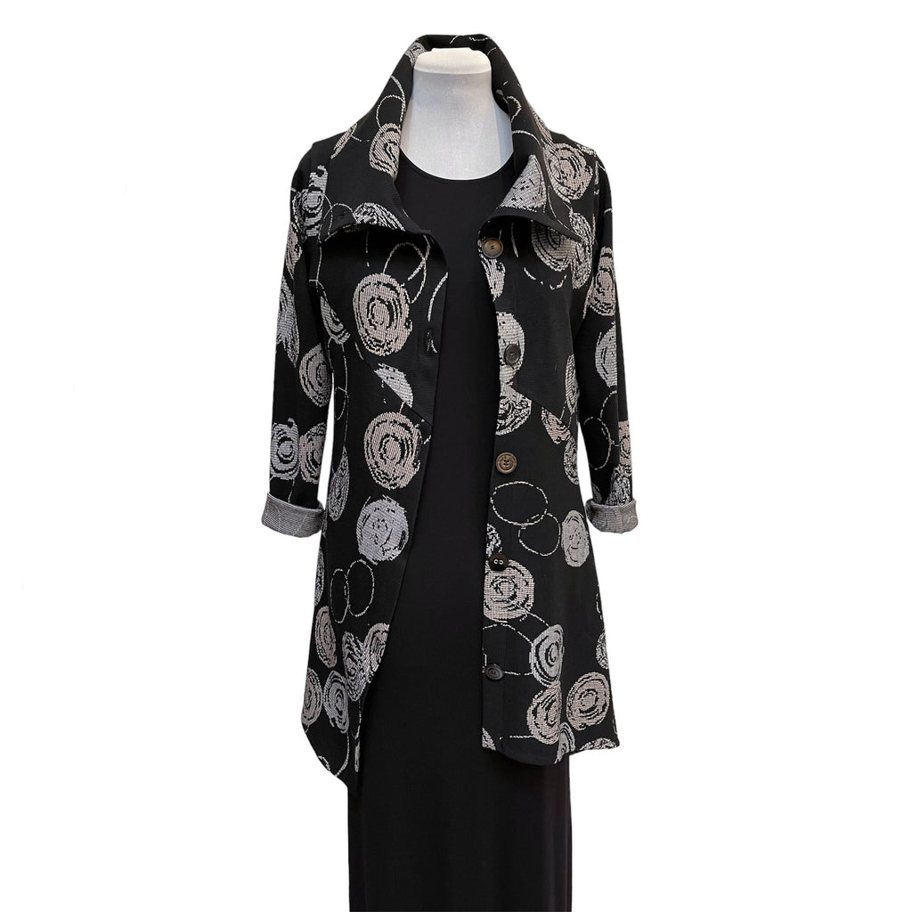 Black Grey Asymmetrical Knit Jacket with Vintage Buttons