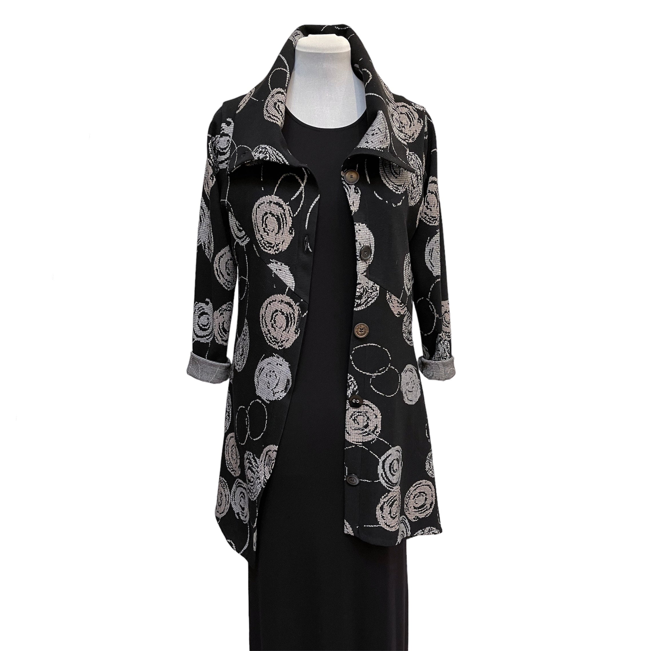 Black Grey Asymmetrical Knit Jacket with Vintage Buttons