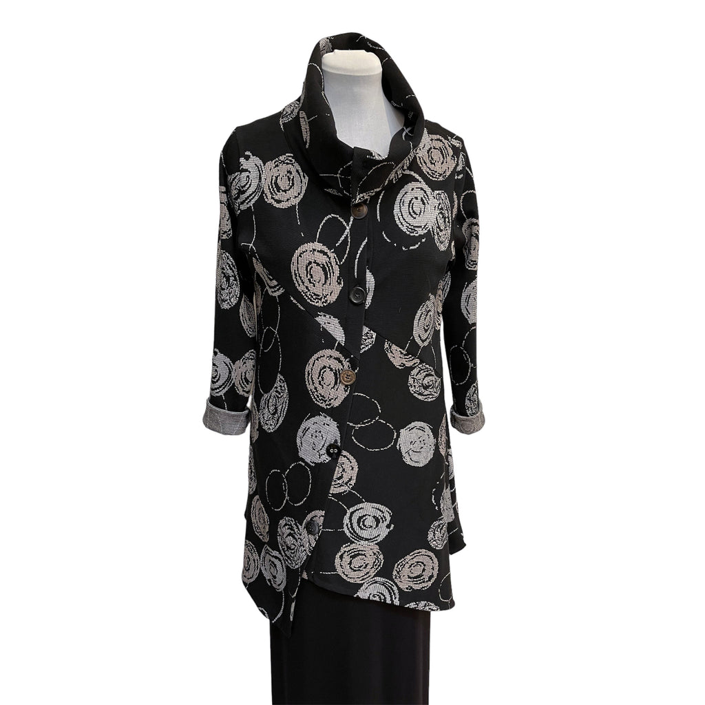 Black Grey Asymmetrical Knit Jacket with Vintage Buttons