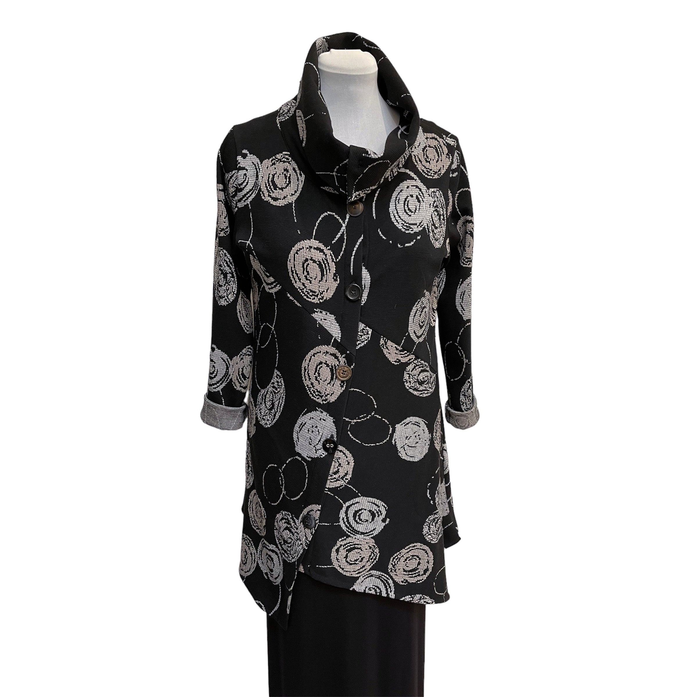 Black Grey Asymmetrical Knit Jacket with Vintage Buttons