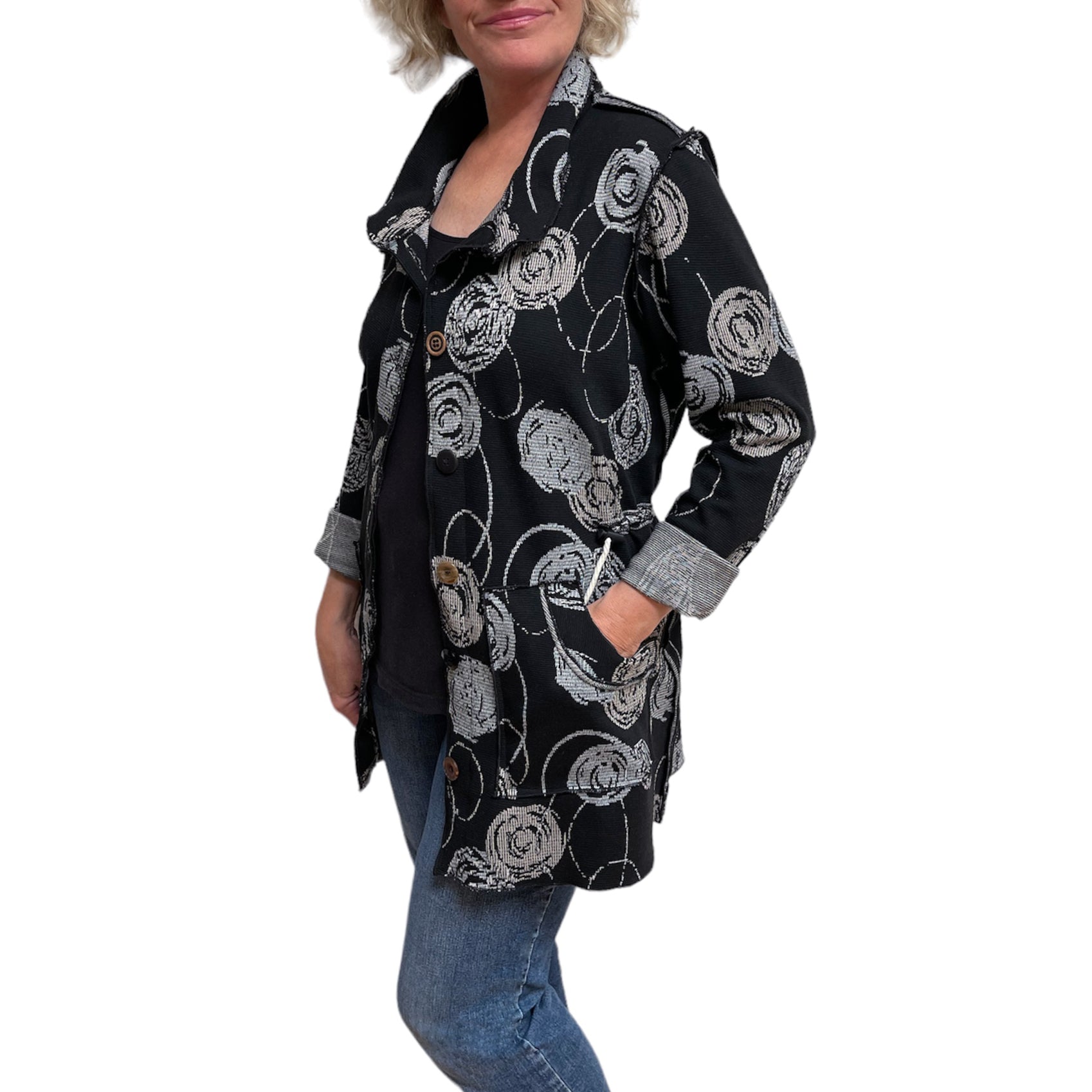 Black and Grey Circle Knit Jacket with Adjustable Drawstring Fit