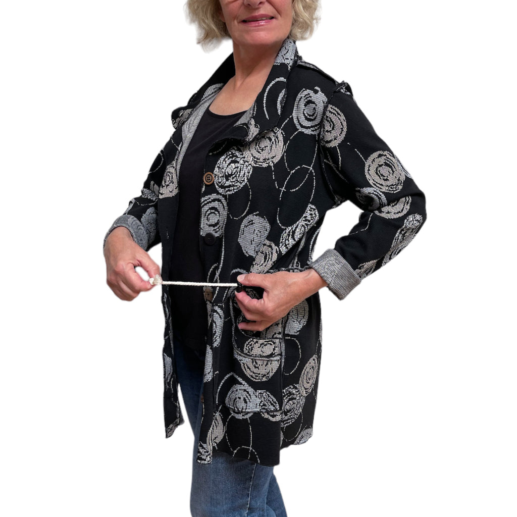 Black and Grey Circle Knit Jacket with Adjustable Drawstring Fit