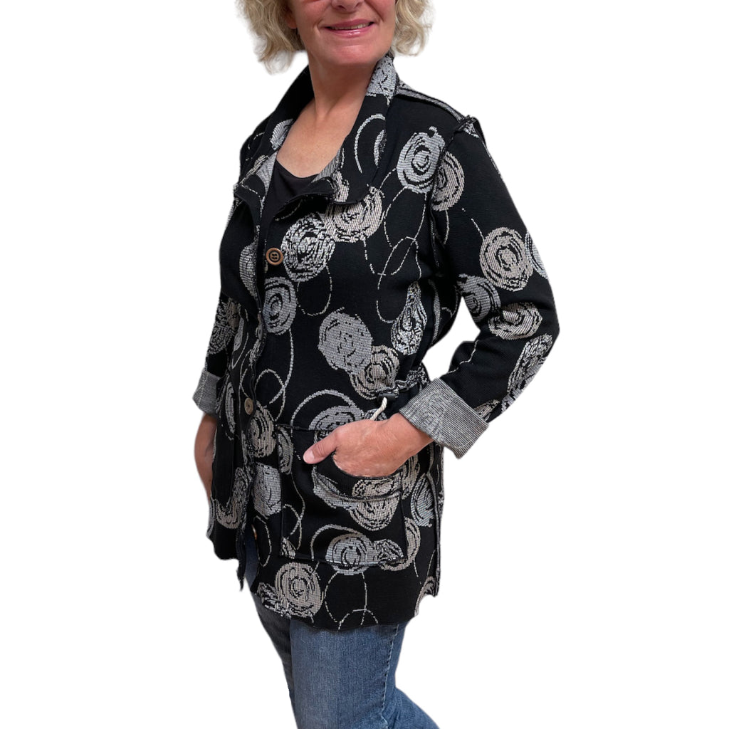 Black and Grey Circle Knit Jacket with Adjustable Drawstring Fit