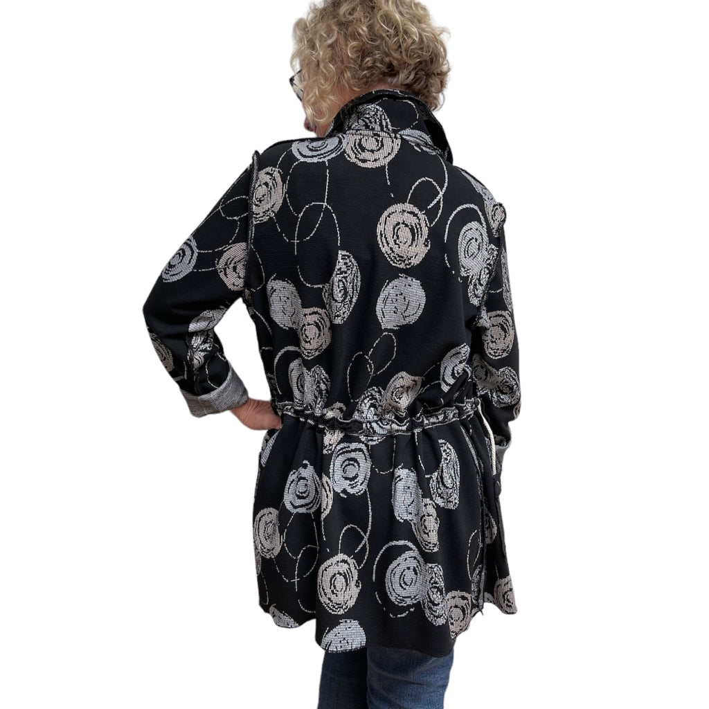 Black and Grey Circle Knit Jacket with Adjustable Drawstring Fit