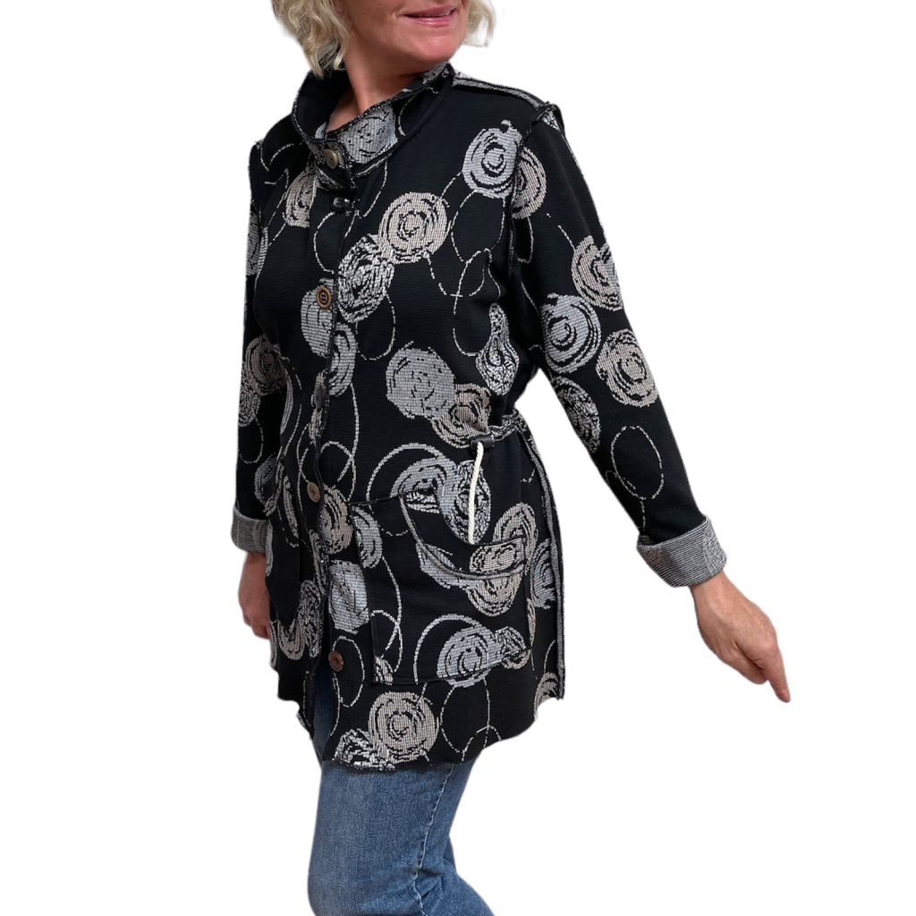 Black and Grey Circle Knit Jacket with Adjustable Drawstring Fit