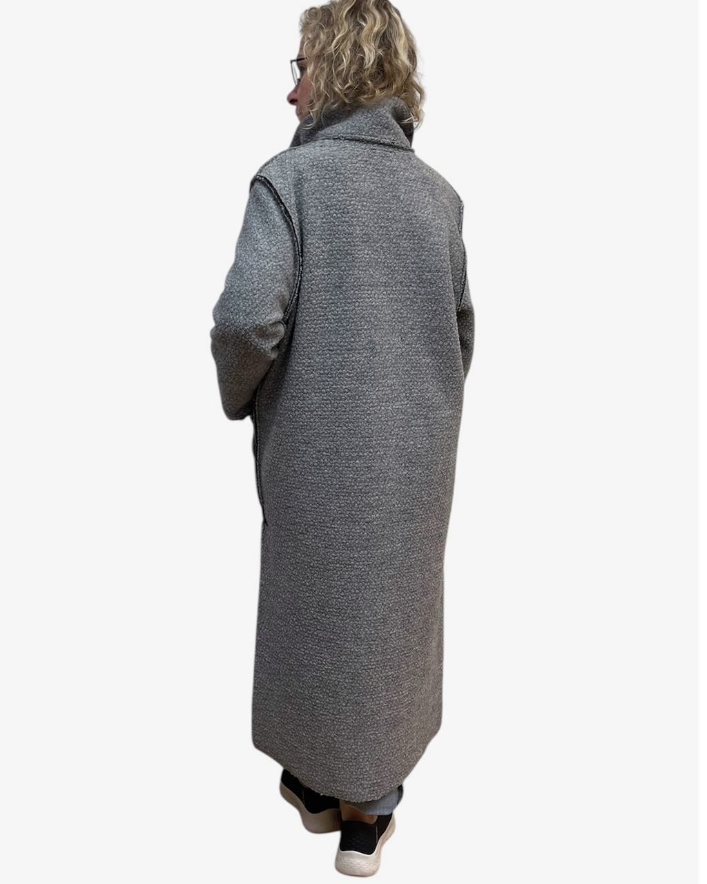 Grey Boucle Wool Coat - Long Duster Coat with Leather Details and Unique Buttons