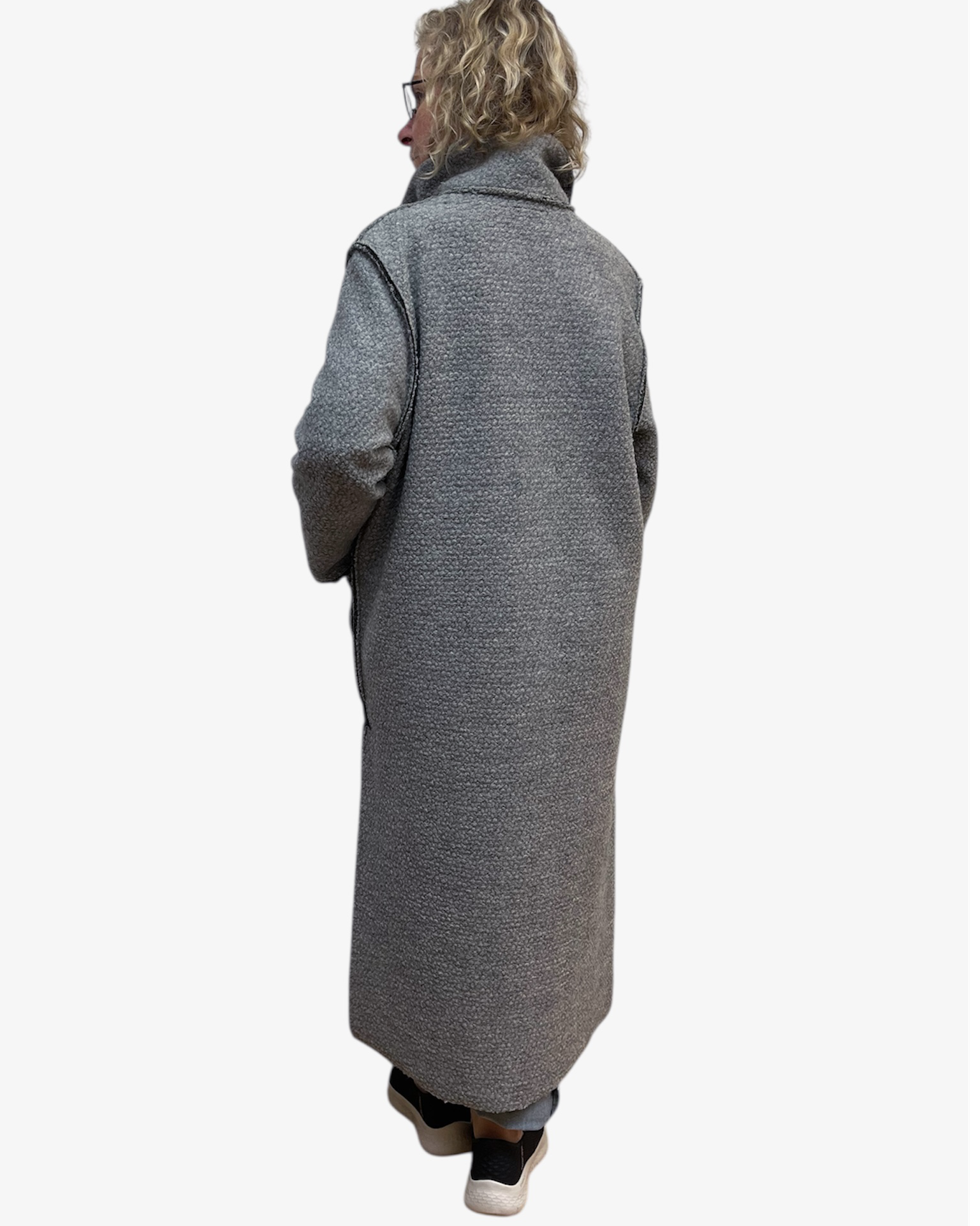 Grey Boucle Wool Coat - Long Duster Coat with Leather Details and Unique Buttons