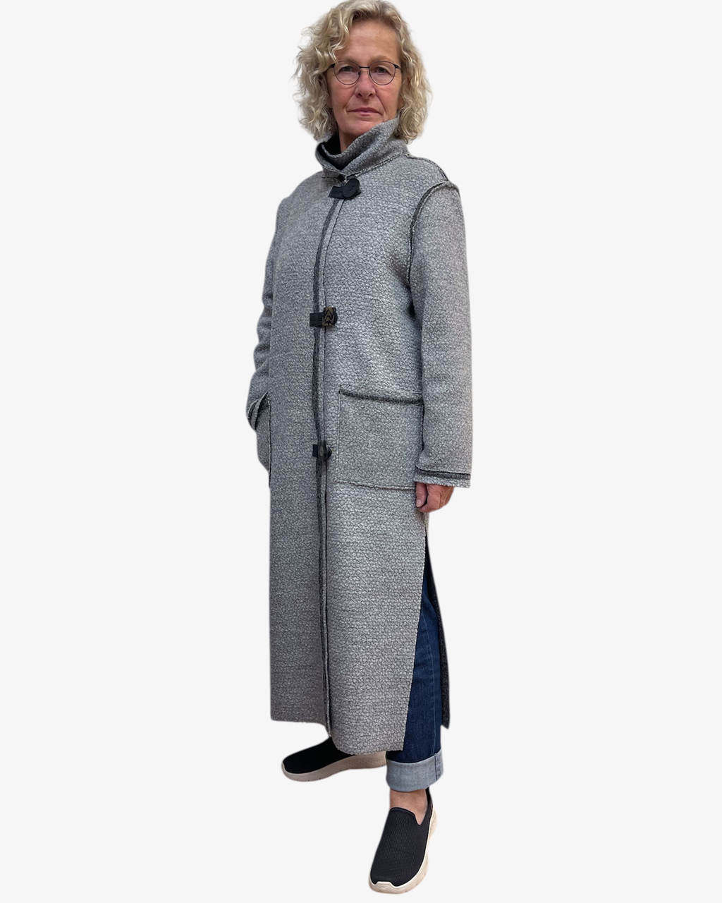 Grey Boucle Wool Coat - Long Duster Coat with Leather Details and Unique Buttons