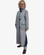 Grey Boucle Wool Coat - Long Duster Coat with Leather Details and Unique Buttons