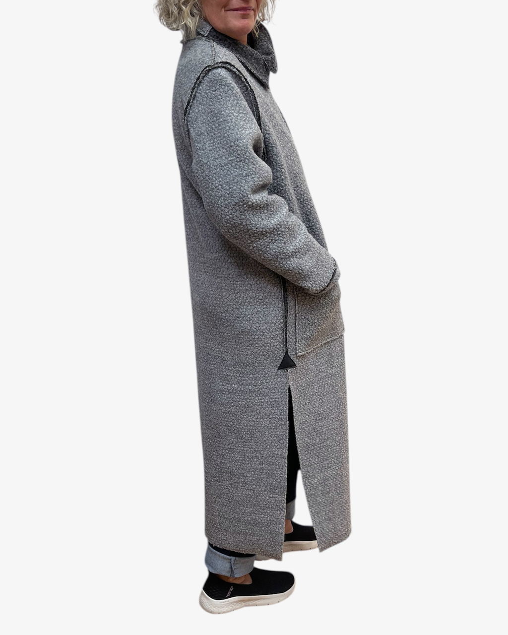 Grey Boucle Wool Coat - Long Duster Coat with Leather Details and Unique Buttons