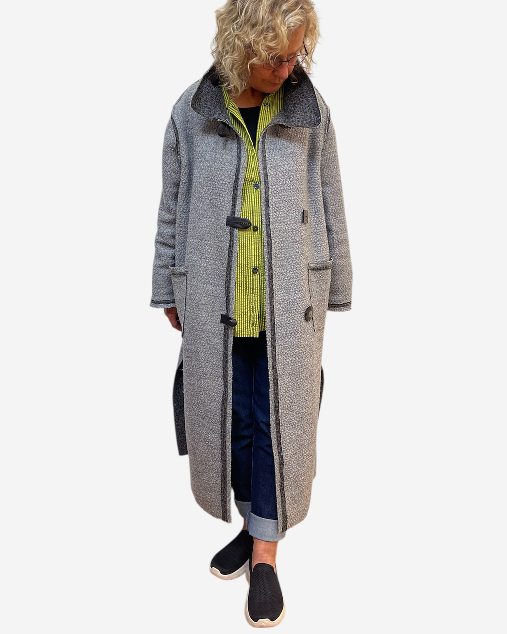 Grey Boucle Wool Coat - Long Duster Coat with Leather Details and Unique Buttons