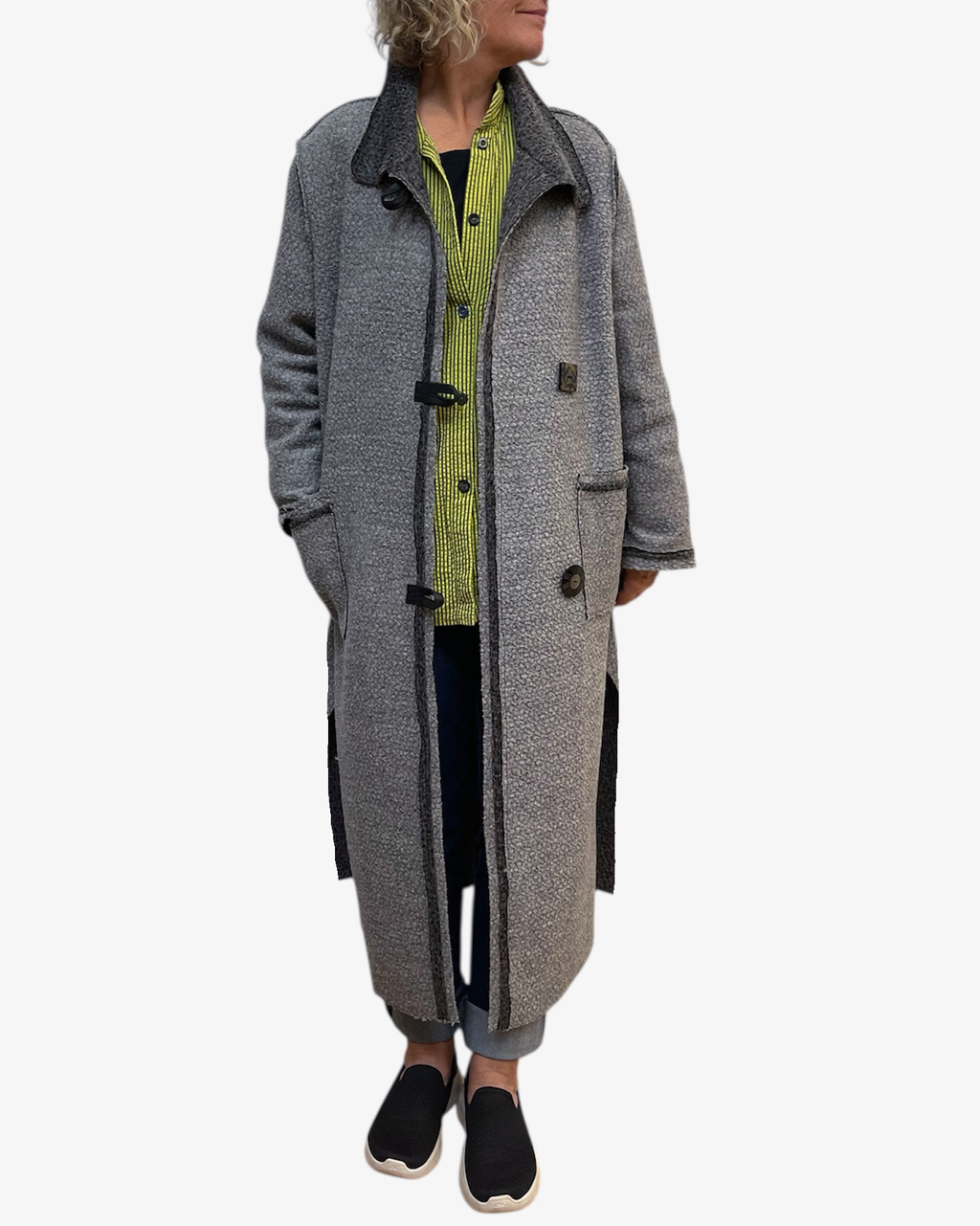 Grey Boucle Wool Coat - Long Duster Coat with Leather Details and Unique Buttons