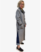 Grey Boucle Wool Coat - Long Duster Coat with Leather Details and Unique Buttons
