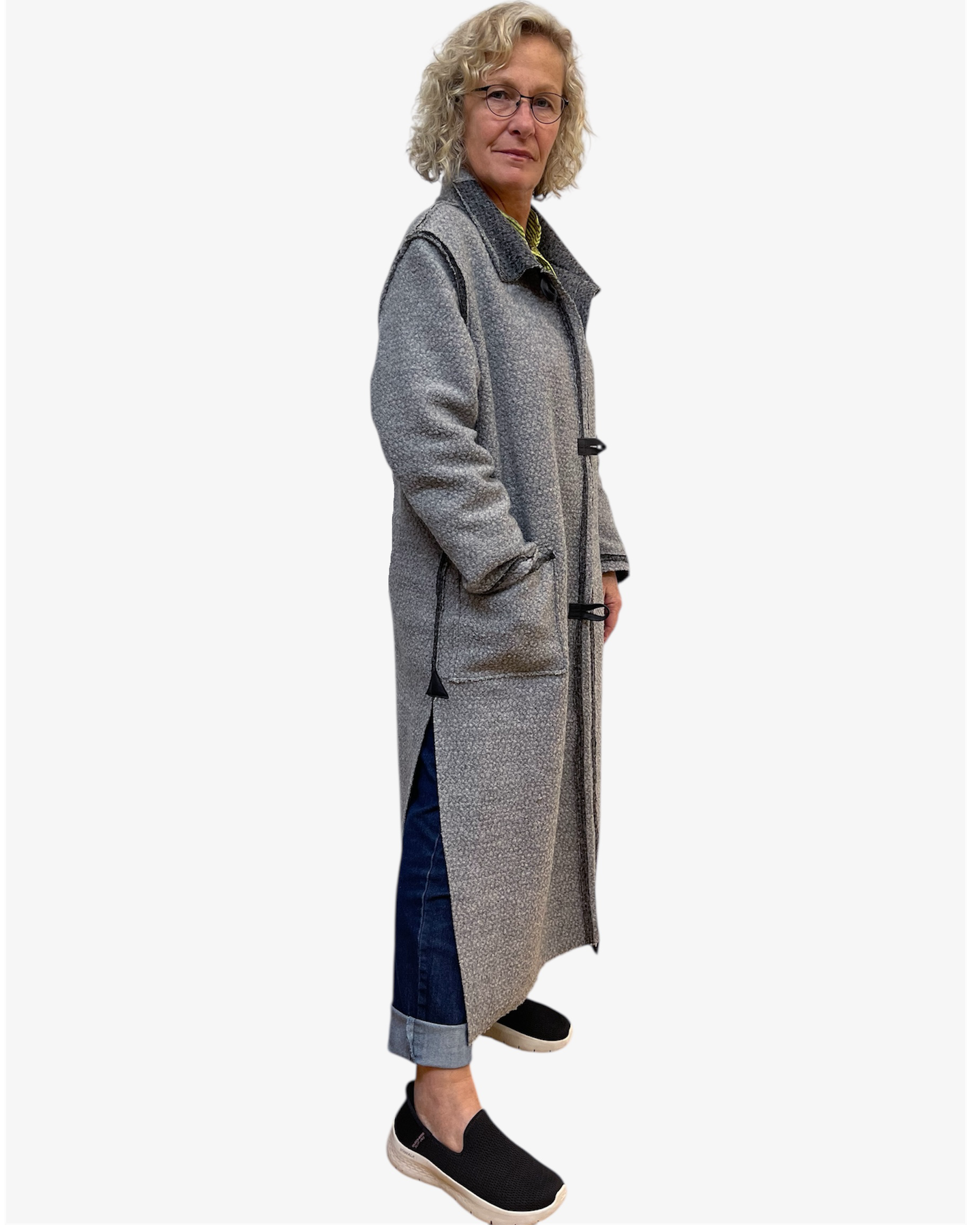 Grey Boucle Wool Coat - Long Duster Coat with Leather Details and Unique Buttons