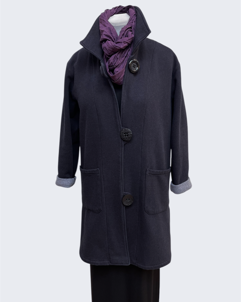 Charcoal Hand-Dyed Cotton Fleece Jacket - Long Jacket with Button Closure