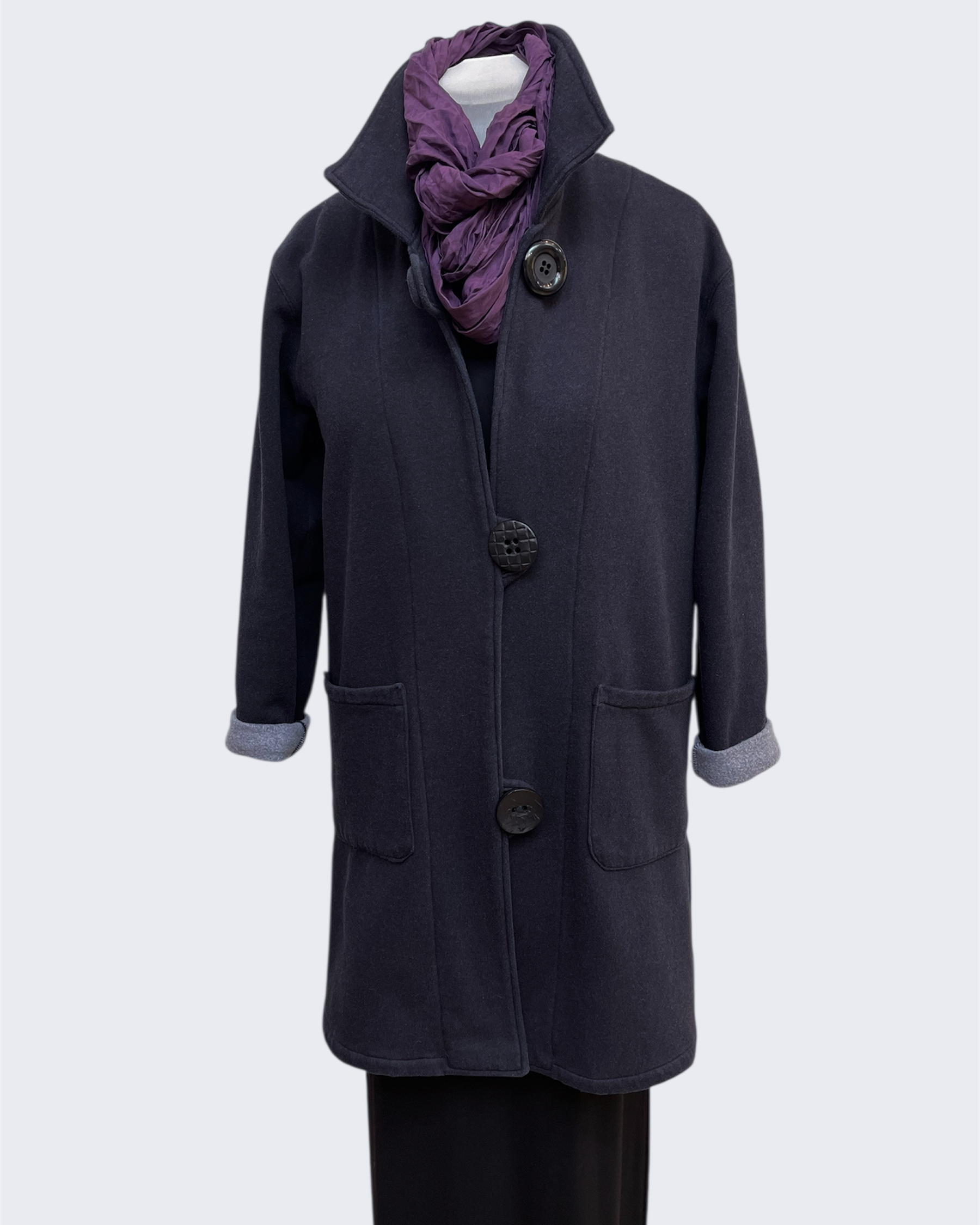 Charcoal Hand-Dyed Cotton Fleece Jacket - Long Jacket with Button Closure