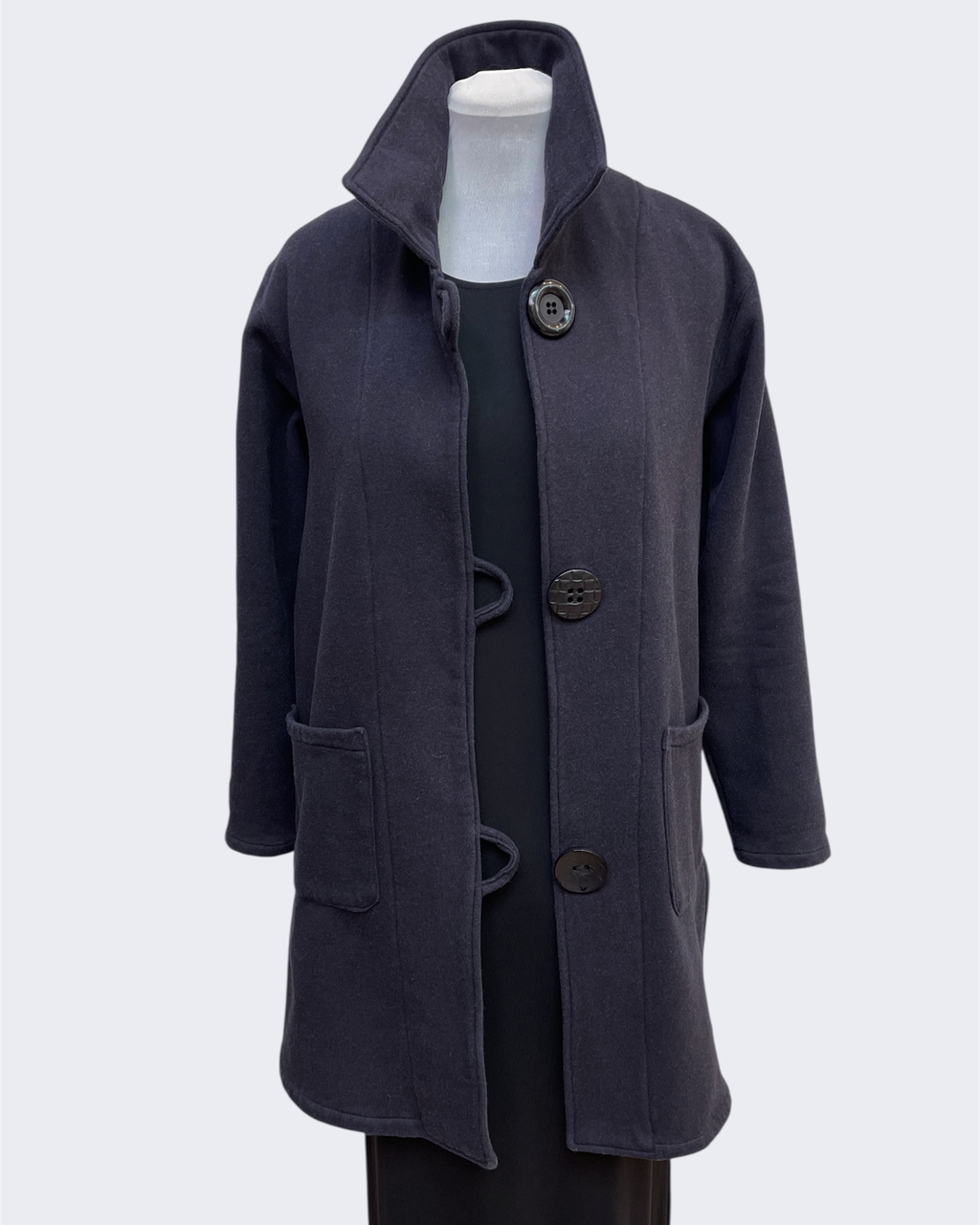 Charcoal Hand-Dyed Cotton Fleece Jacket - Long Jacket with Button Closure