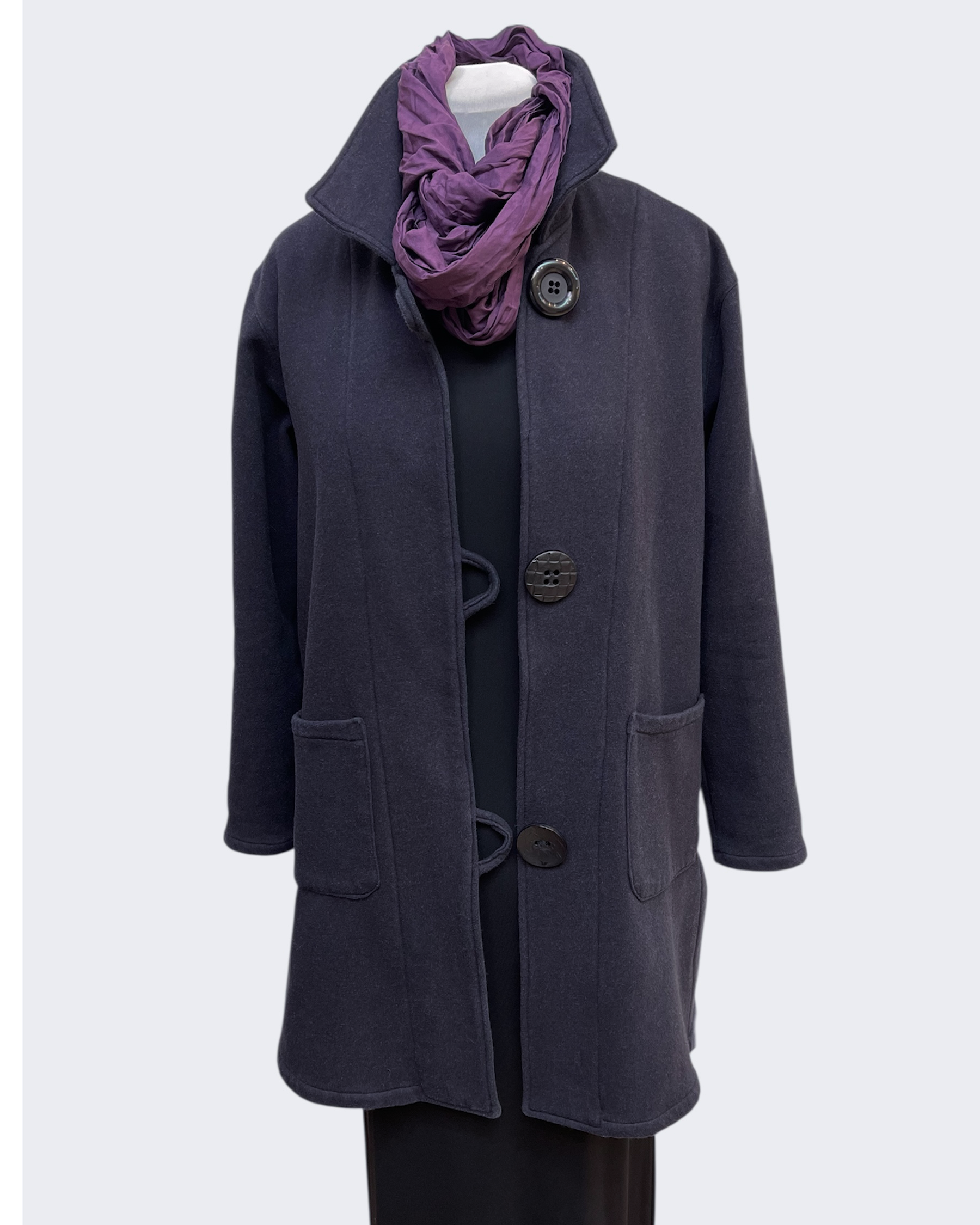 Charcoal Hand-Dyed Cotton Fleece Jacket - Long Jacket with Button Closure