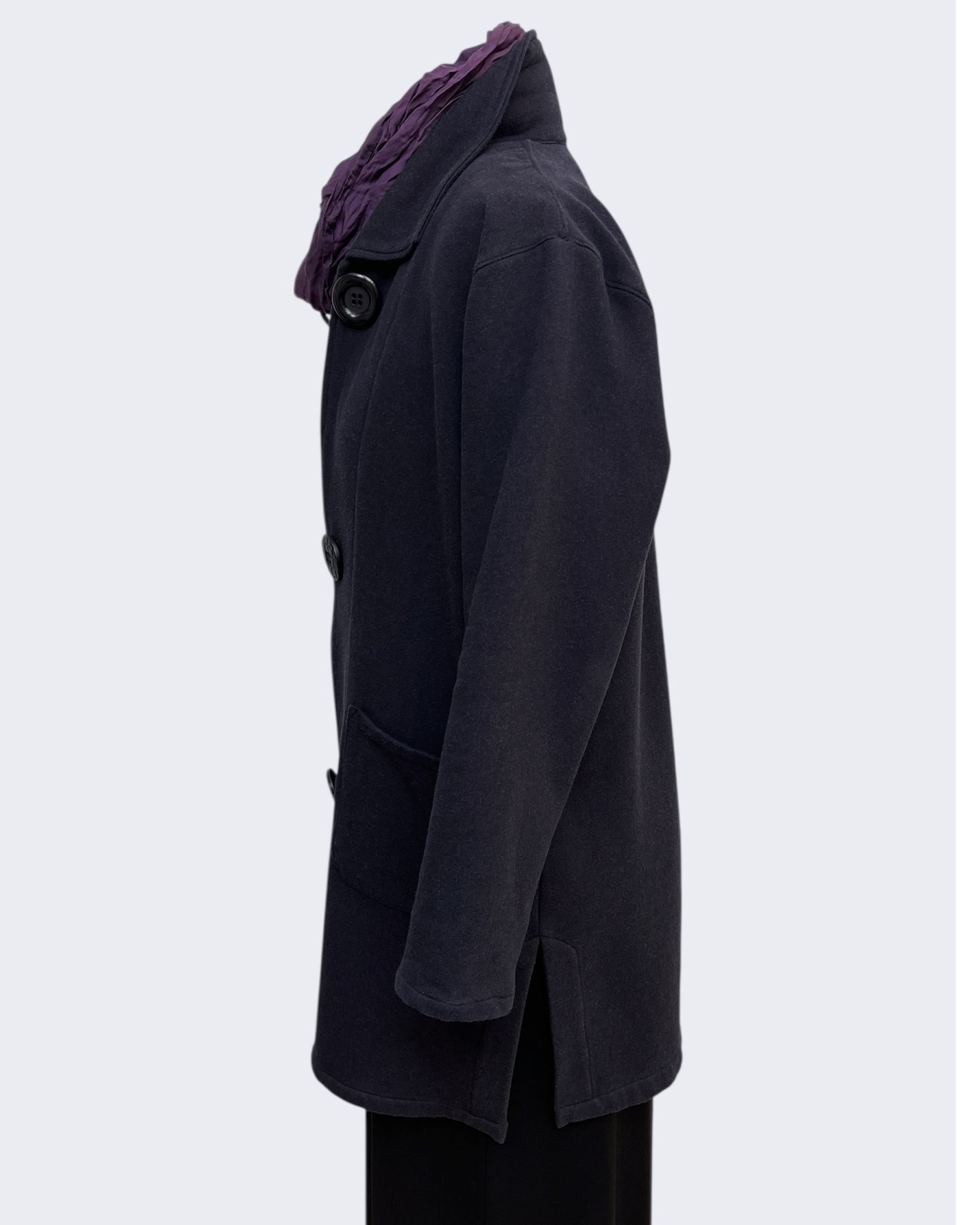 Charcoal Hand-Dyed Cotton Fleece Jacket - Long Jacket with Button Closure