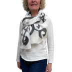 Black hand painted, rectangle off white silk scarf.