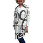 Black hand painted, rectangle off white silk scarf.