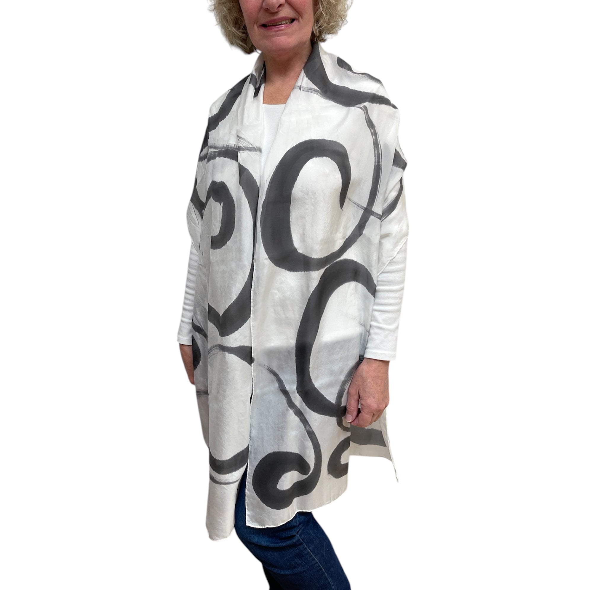 Black hand painted, rectangle off white silk scarf.