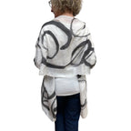 Black hand painted, rectangle off white silk scarf.