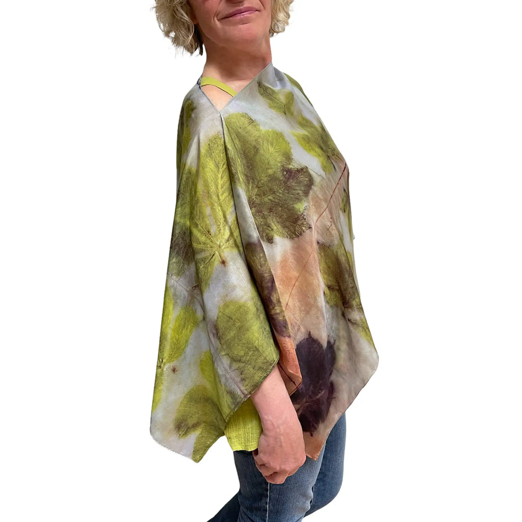 Chestnut Silk Shawl - Eco-Printed Botanical Wrap in Lime Blue Grey