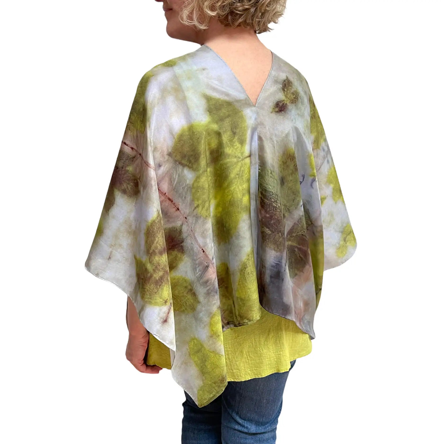 Chestnut Silk Shawl - Eco-Printed Botanical Wrap in Lime Blue Grey