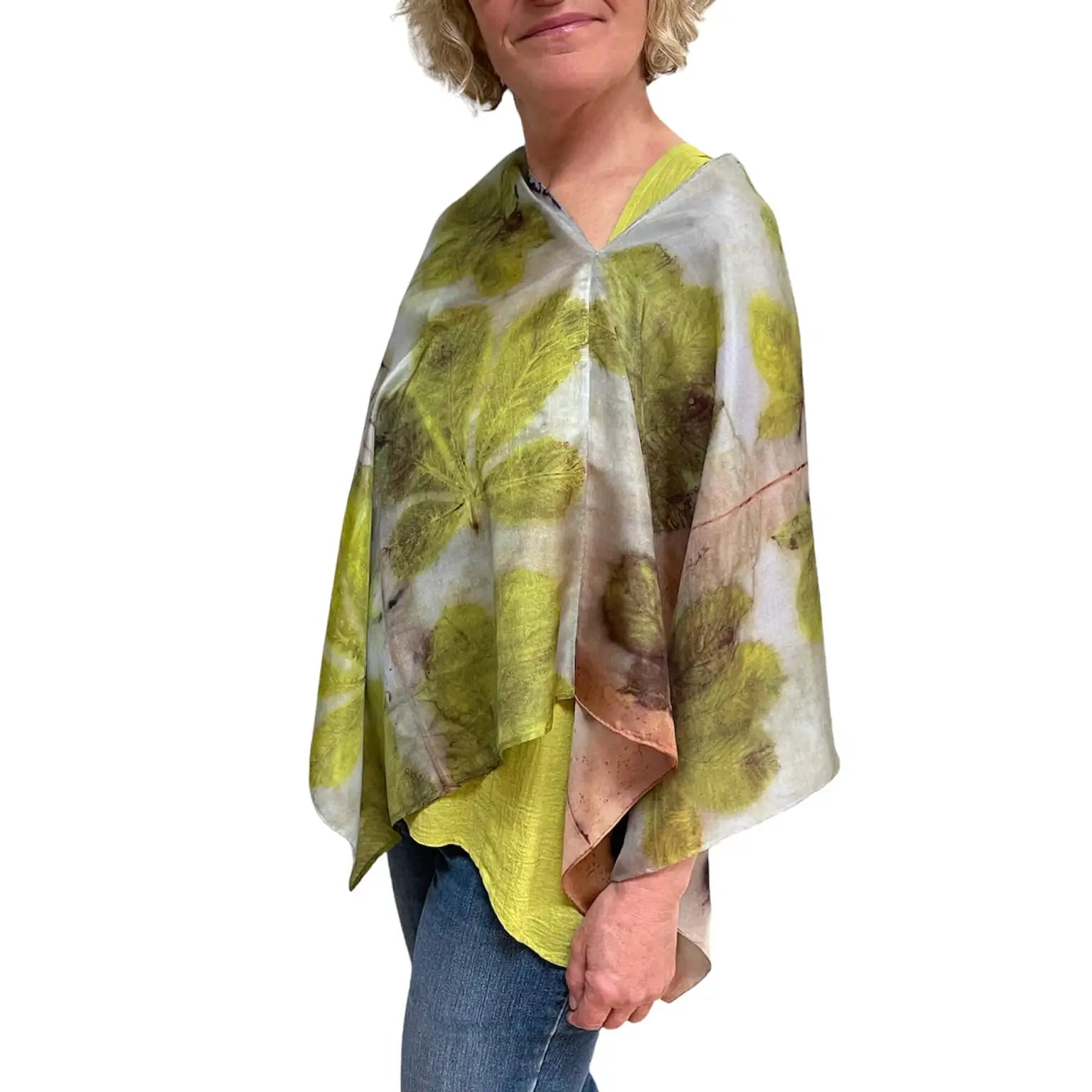 Chestnut Silk Shawl - Eco-Printed Botanical Wrap in Lime Blue Grey
