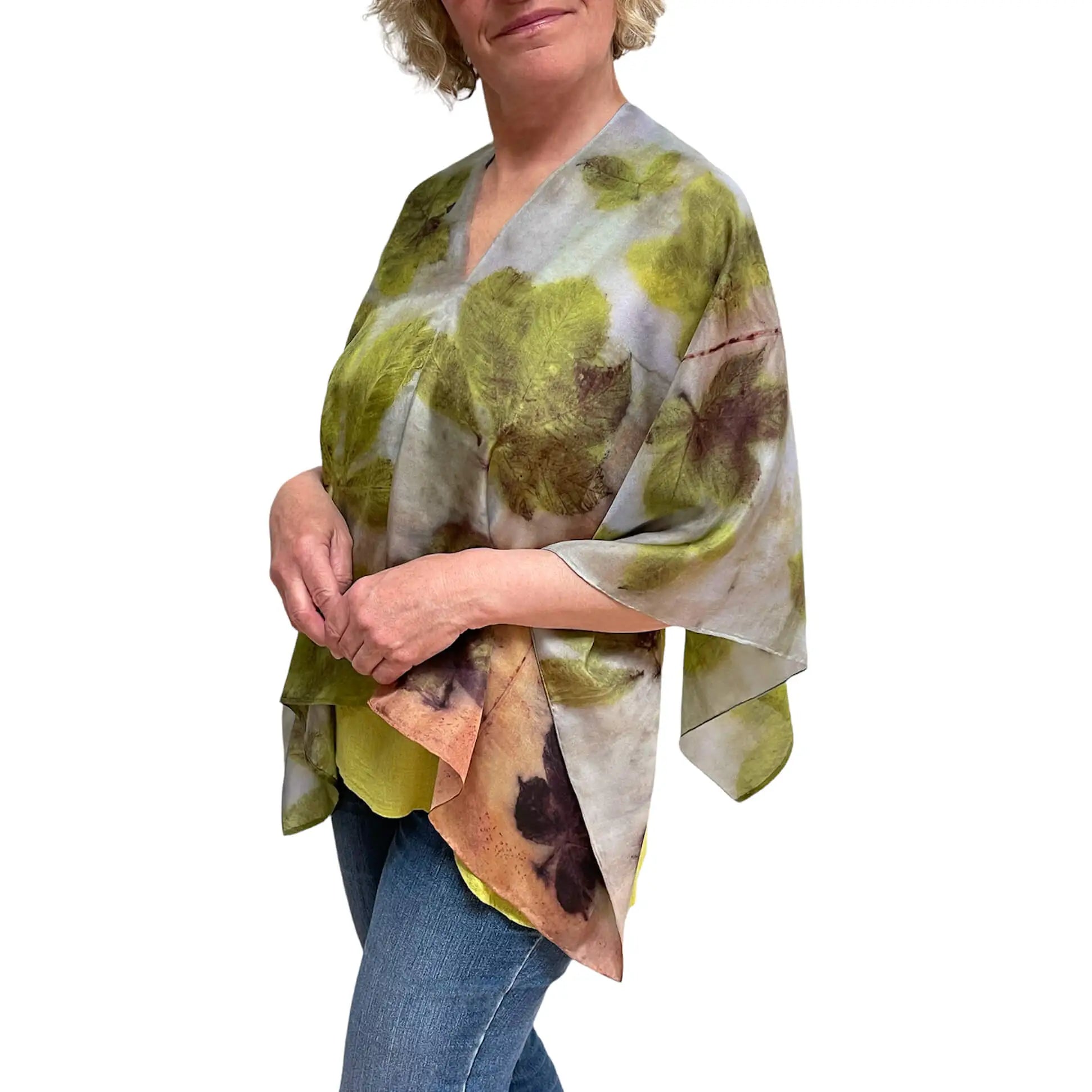 Chestnut Silk Shawl - Eco-Printed Botanical Wrap in Lime Blue Grey