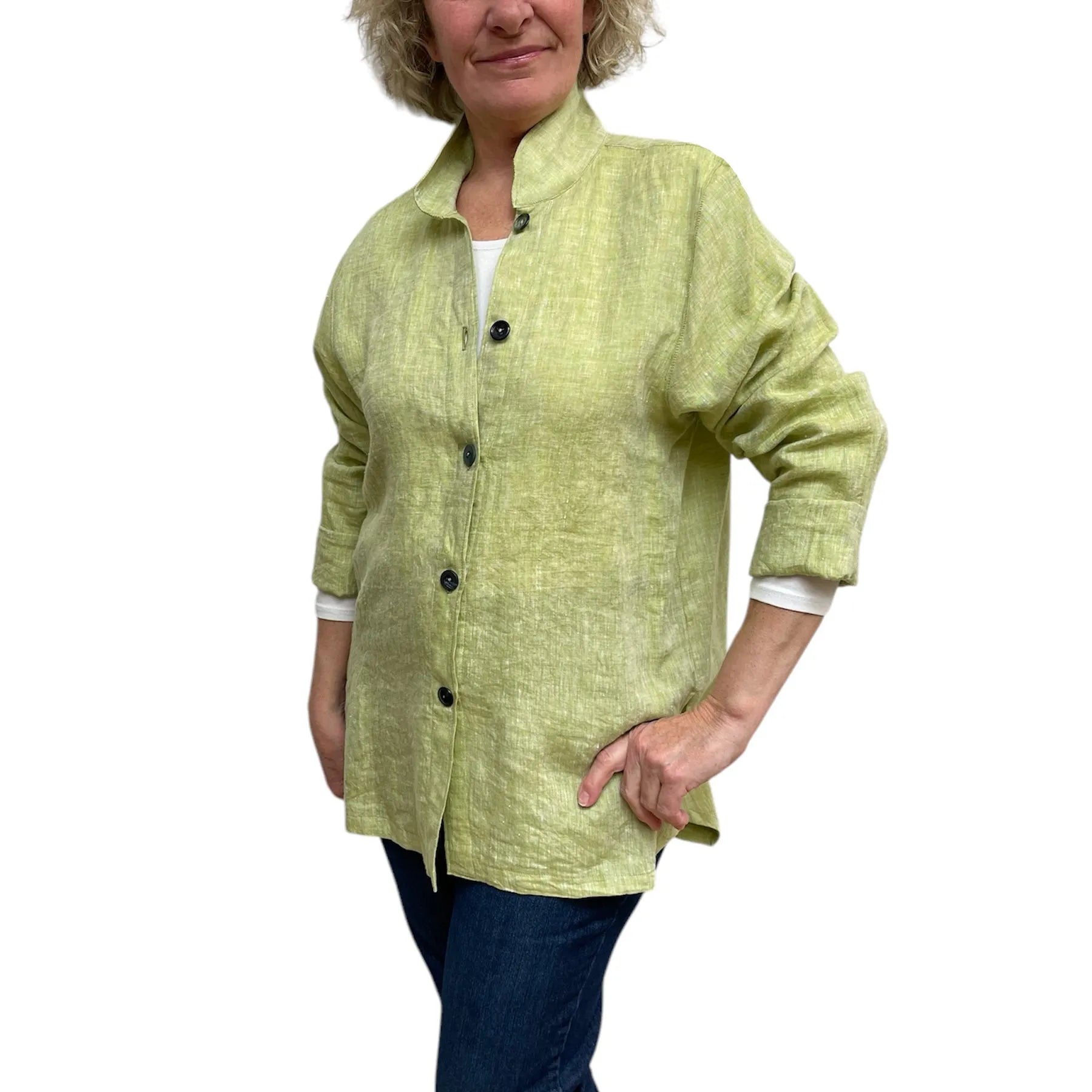 Linen Oversized Shirt: Yarn-Dyed Lime with Vintage Buttons