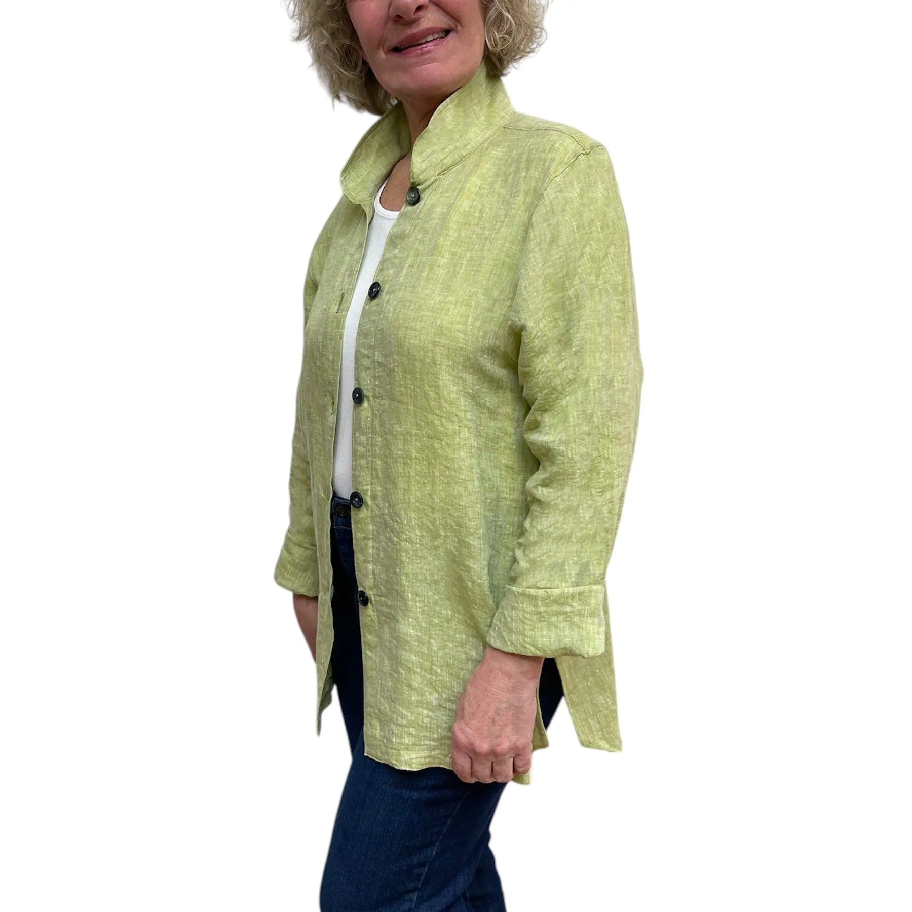 Linen Oversized Shirt: Yarn-Dyed Lime with Vintage Buttons