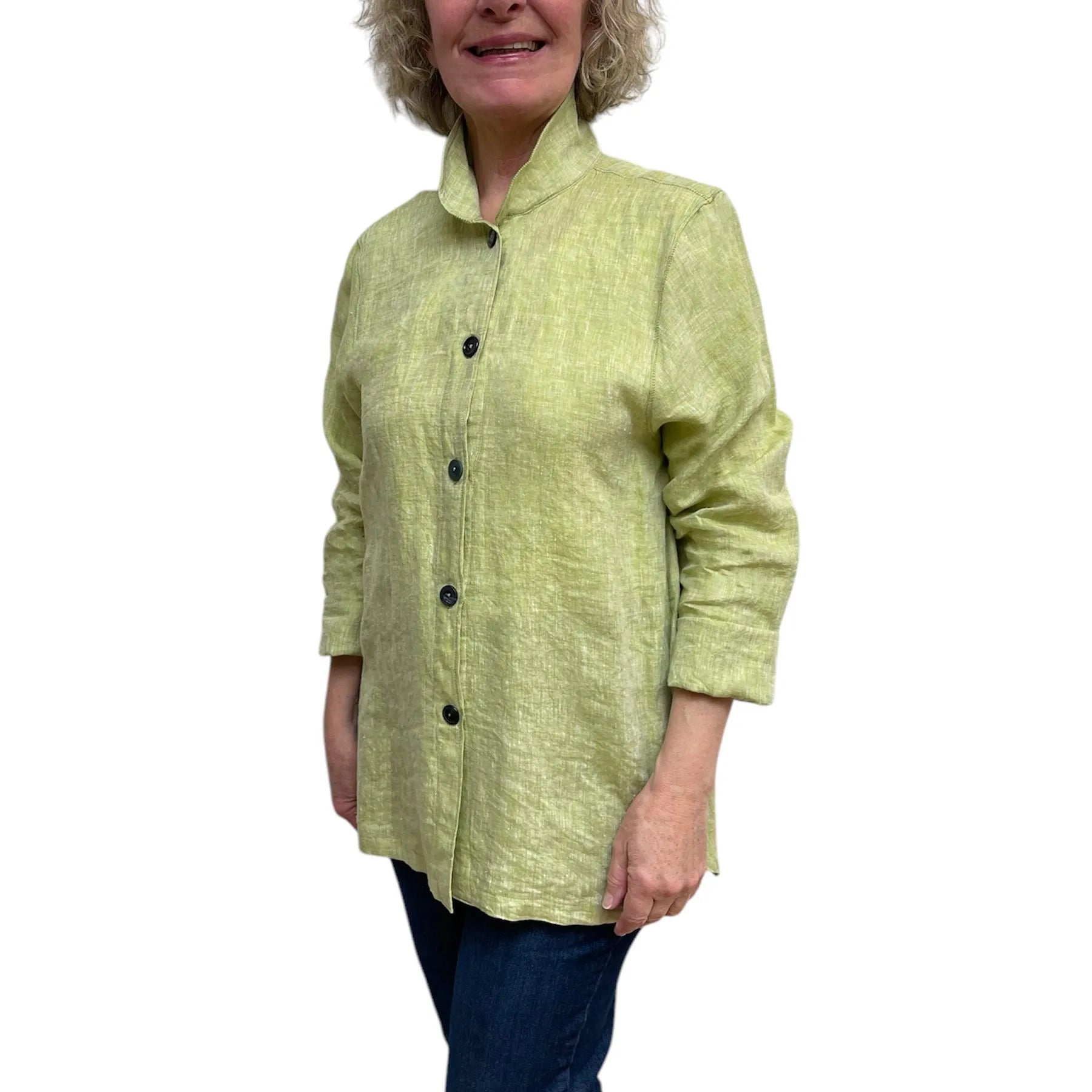 Linen Oversized Shirt: Yarn-Dyed Lime with Vintage Buttons