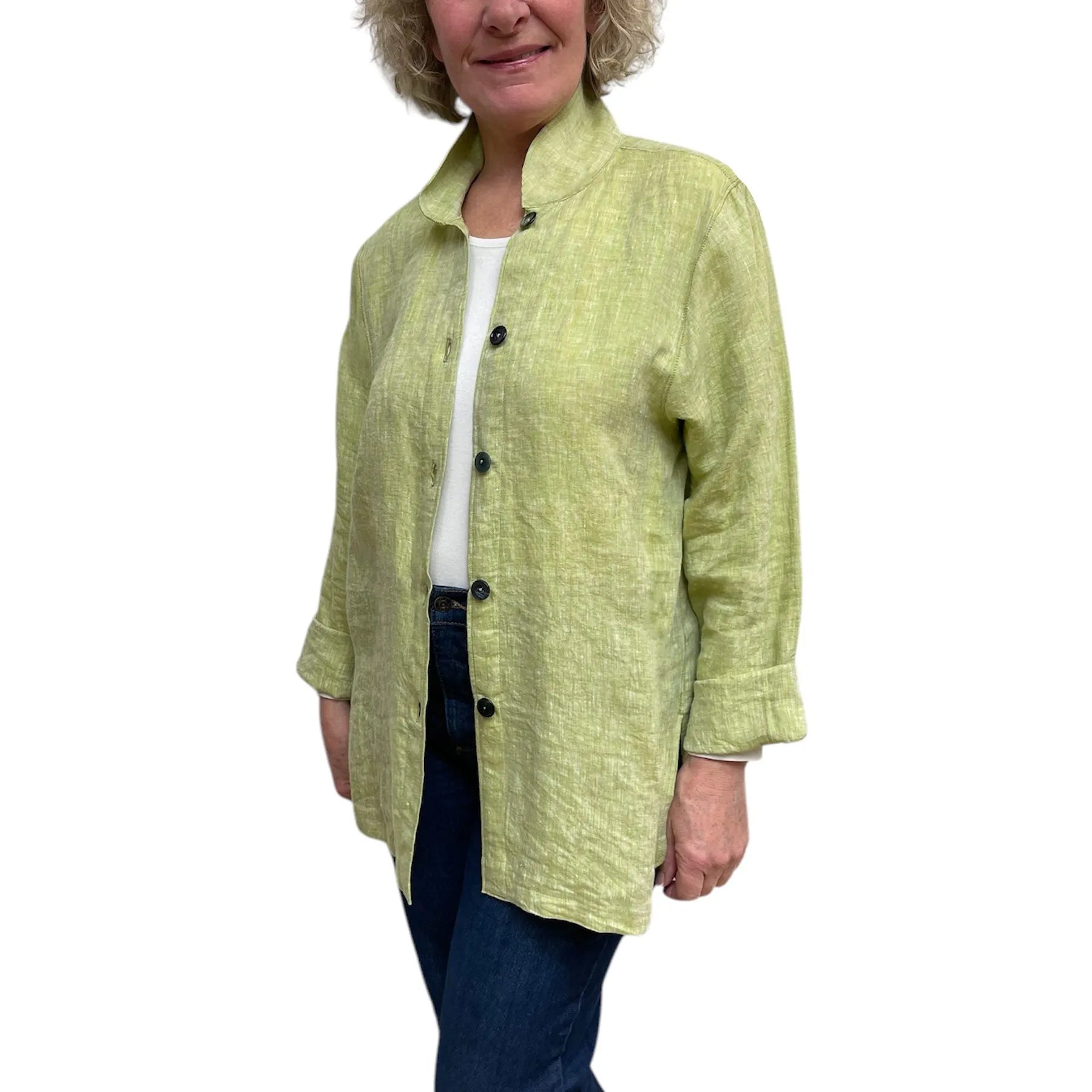 Linen Oversized Shirt: Yarn-Dyed Lime with Vintage Buttons