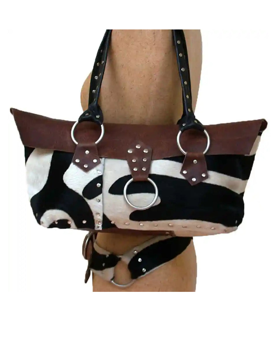 Brown Black White Riveted Cowhide Purse - Tricolor Hair-On Statement Bag
