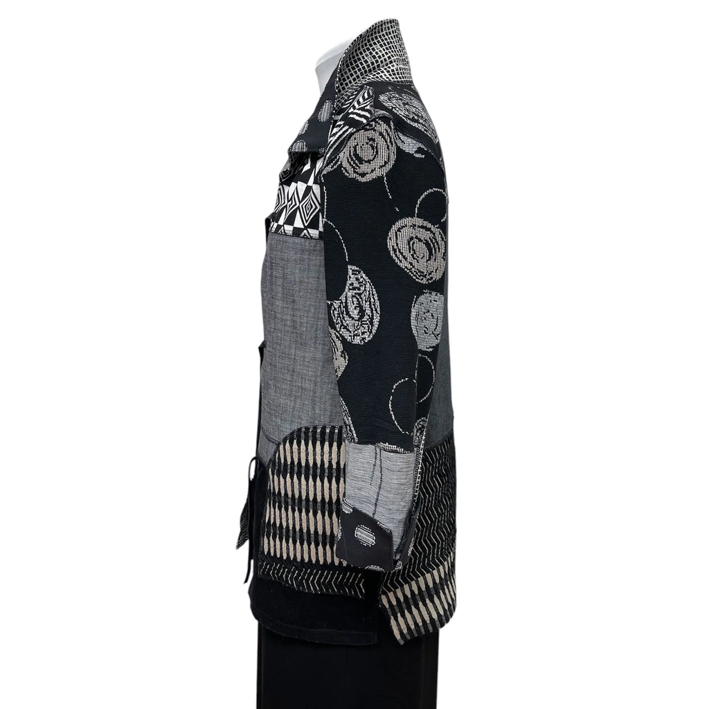 Reclaimed Fabric Jacket - Sustainable Wearable Art with Leather Ties