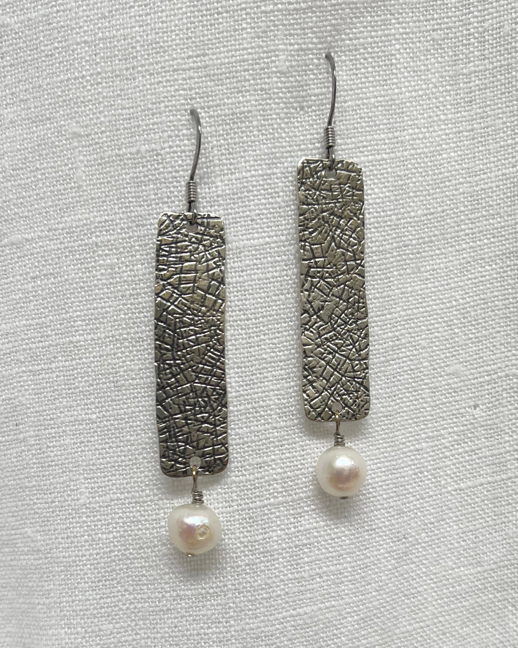 Sterling Silver Rectangle Earrings with Pearl Drops