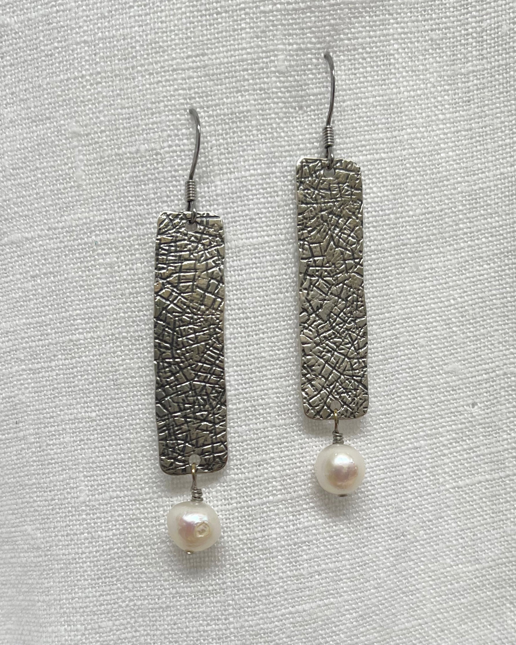 Sterling Silver Rectangle Earrings with Pearl Drops