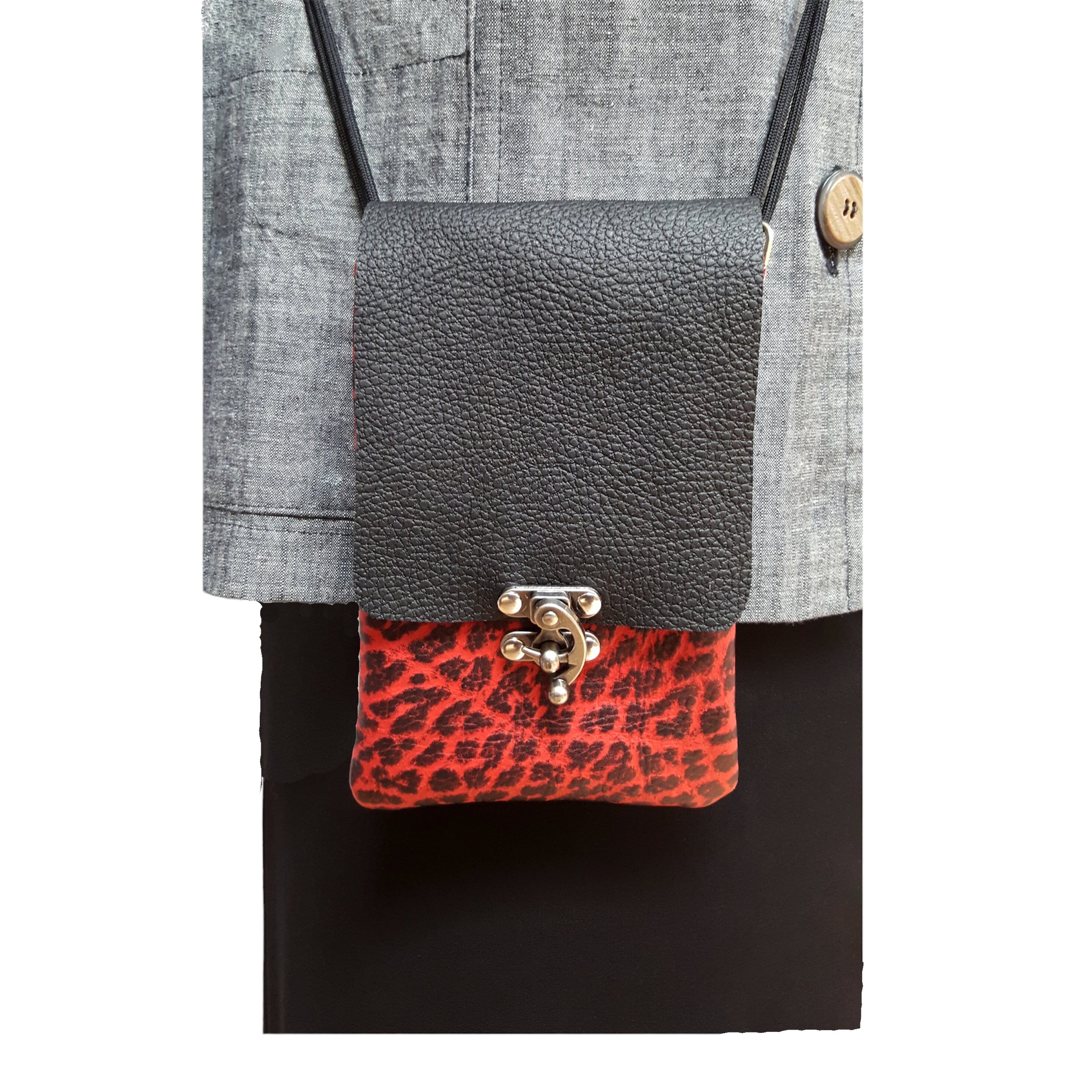 Red and Black Leather Phone Bag - Crossbody Purse with Adjustable Strap