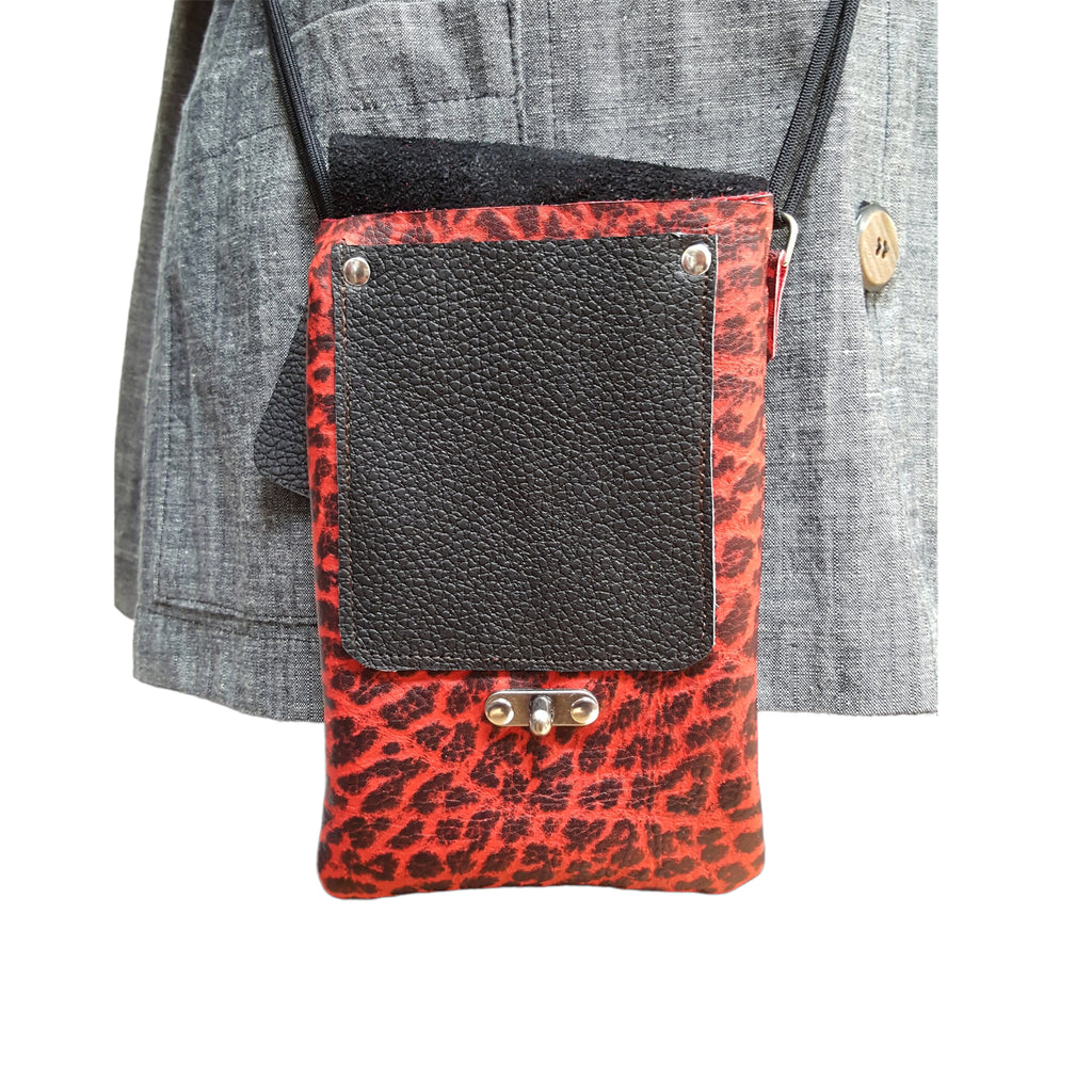 Red and Black Leather Phone Bag - Crossbody Purse with Adjustable Strap