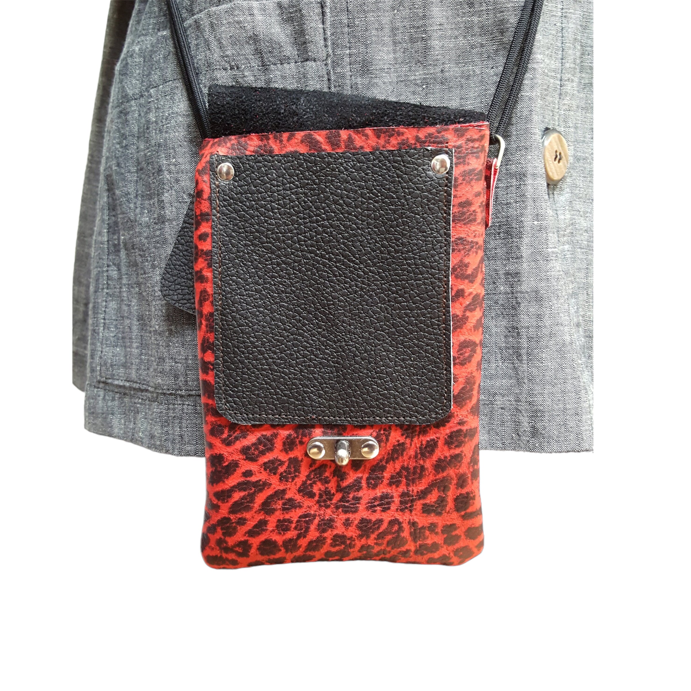 Red and Black Leather Phone Bag - Crossbody Purse with Adjustable Strap