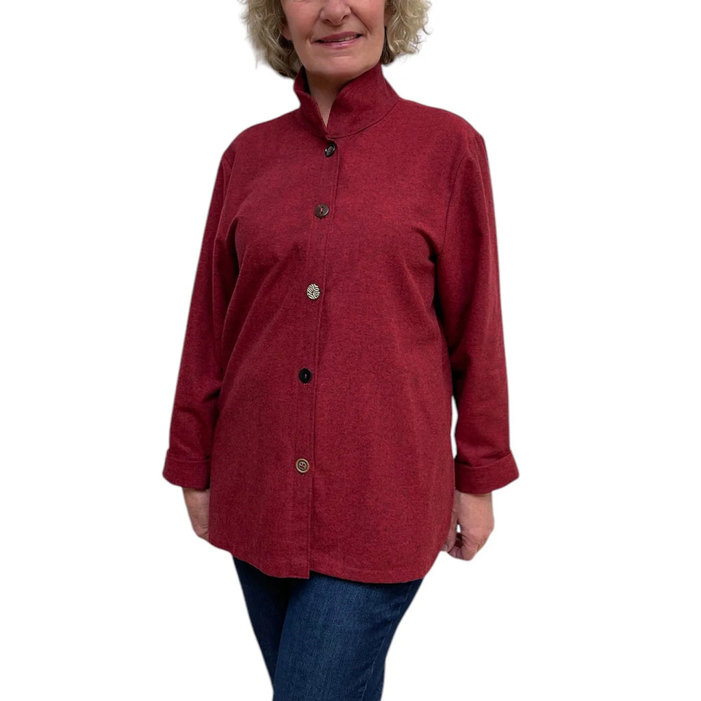 Red Black Cotton Flannel Shirt - Vintage Button Big Shirt with Standup Collar