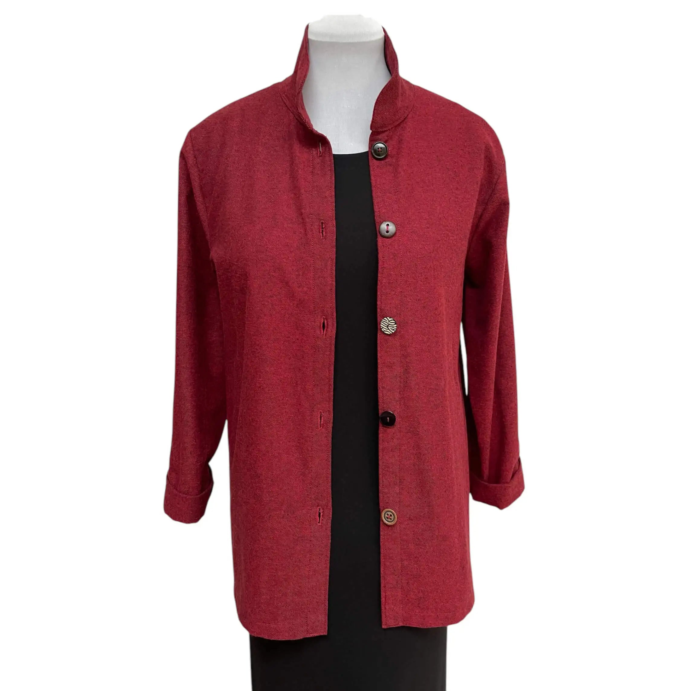 Red Black Cotton Flannel Shirt - Vintage Button Big Shirt with Standup Collar