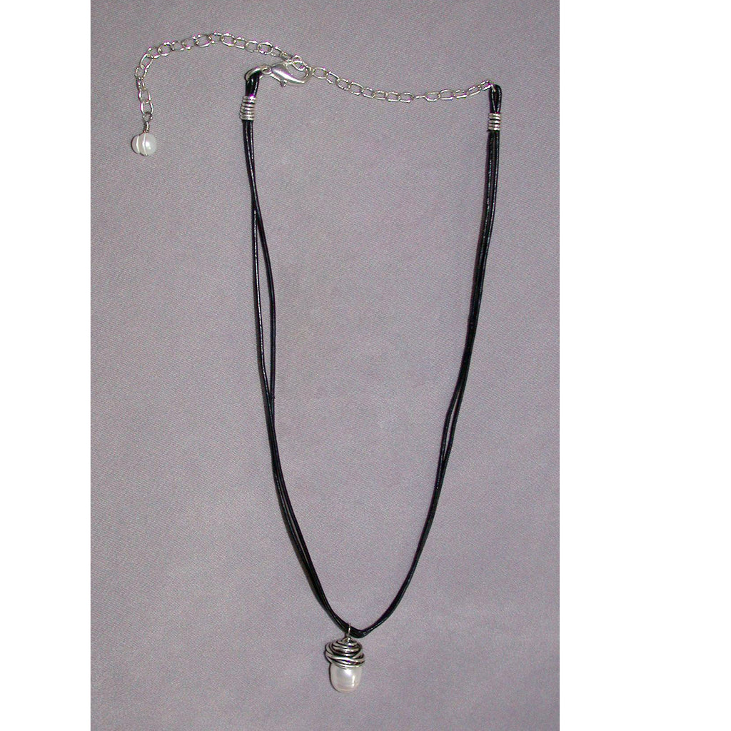 Pearl and Leather Necklace | Sterling Silver Wire-Wrapped Freshwater Pearl on Double Leather Cord