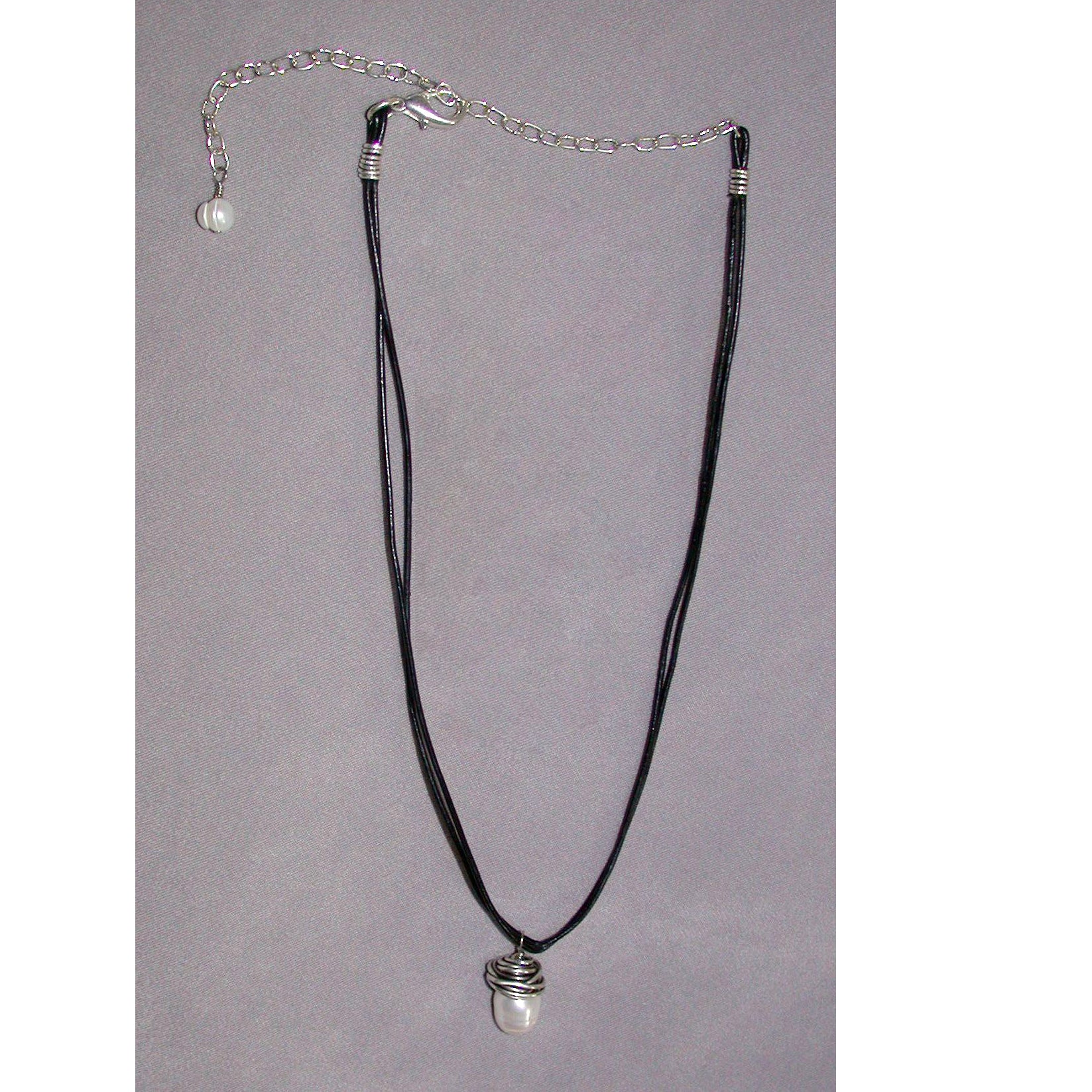 Pearl and Leather Necklace | Sterling Silver Wire-Wrapped Freshwater Pearl on Double Leather Cord