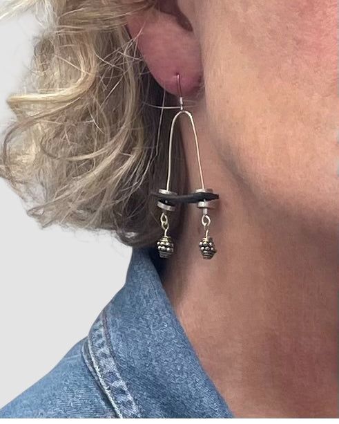 Sterling Silver Earrings with Black Leather and two dangles