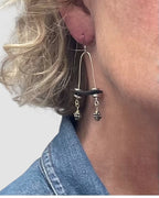 Sterling Silver Earrings with Black Leather and two dangles