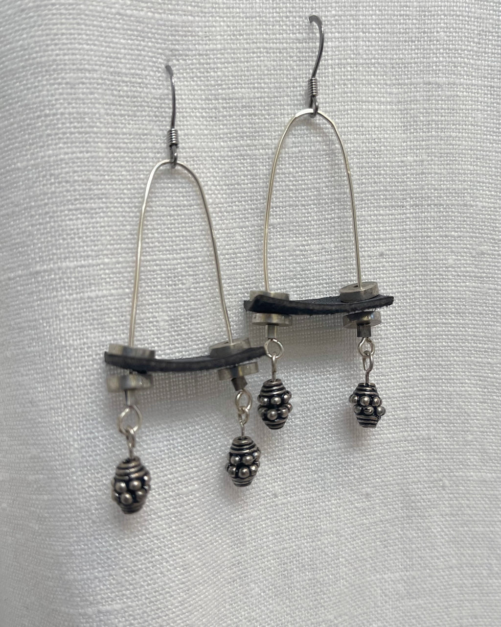 Sterling Silver Earrings with Black Leather and two dangles