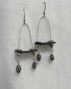 Sterling Silver Earrings with Black Leather and two dangles
